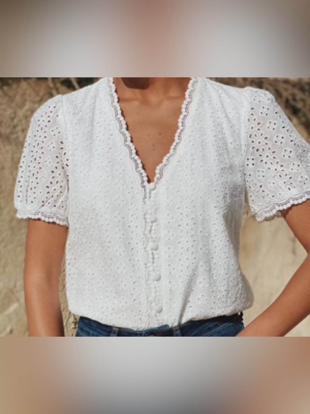 Berthie French brand eyelet white cotton blouse top size S
